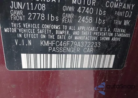 2009 Hyundai Azera Limited from USA, damaged, VIN KMHFC46F79A372233